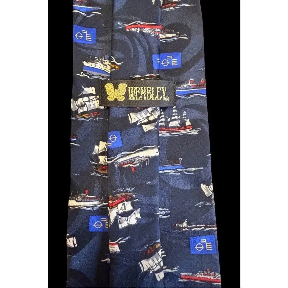 Wembley Men’s 109% Silk Tie All Over Boat Pattern Navy Blue 58” Nautical Career